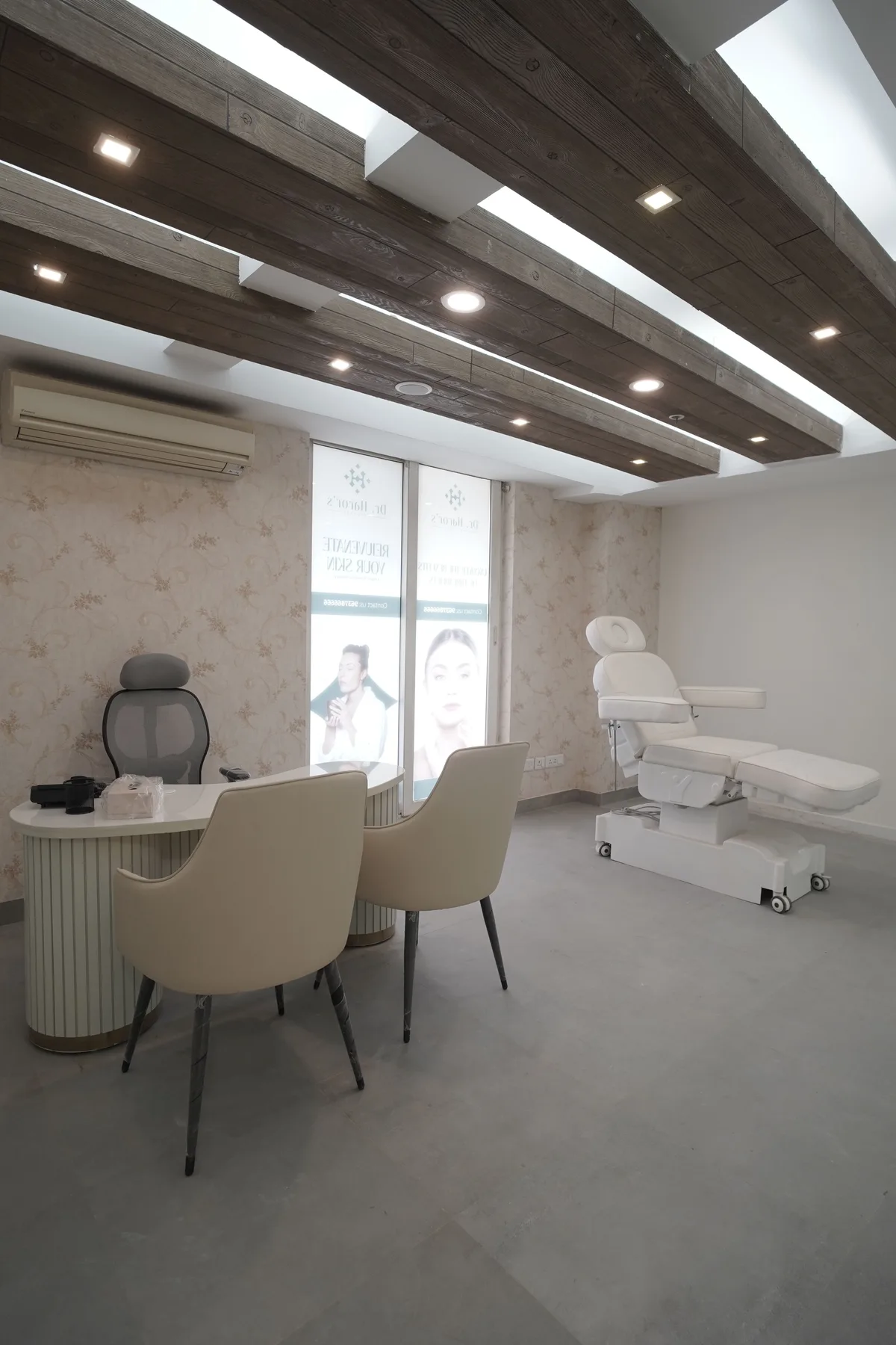 Representative contemporary commercial interior with wood and warm lighting
