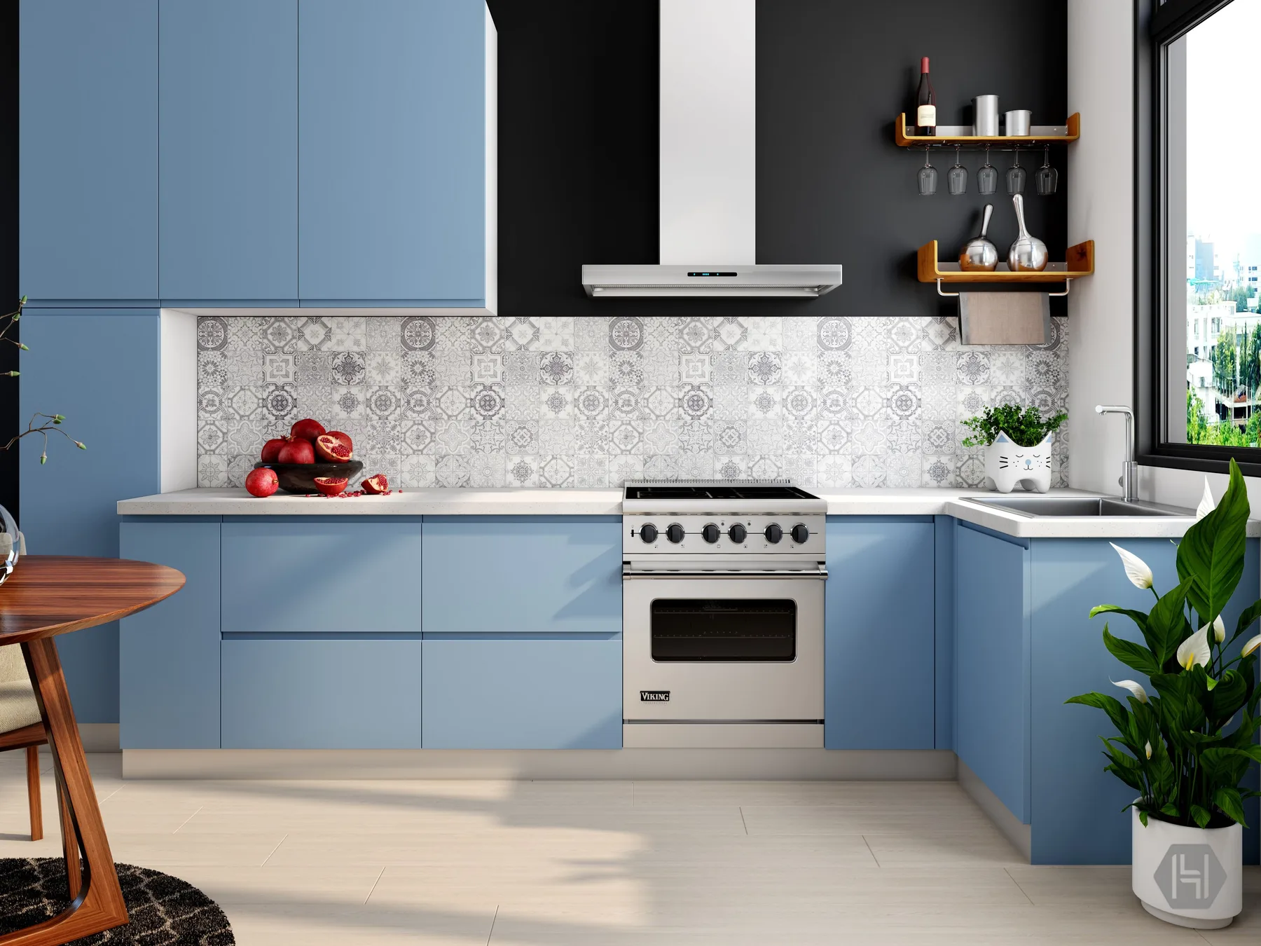 Representative contemporary modular kitchen with practical storage